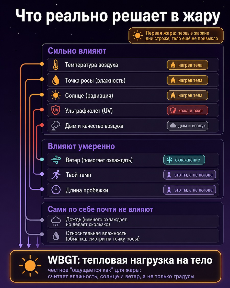Инфографика: какие погодные факторы влияют на бег в жару, ранжированные по силе. Сильно влияют температура, точка росы, солнце, ультрафиолет и качество воздуха; умеренно ветер, темп и длина пробежки; слабо дождь и относительная влажность. Итог сводится в индекс тепловой нагрузки WBGT.