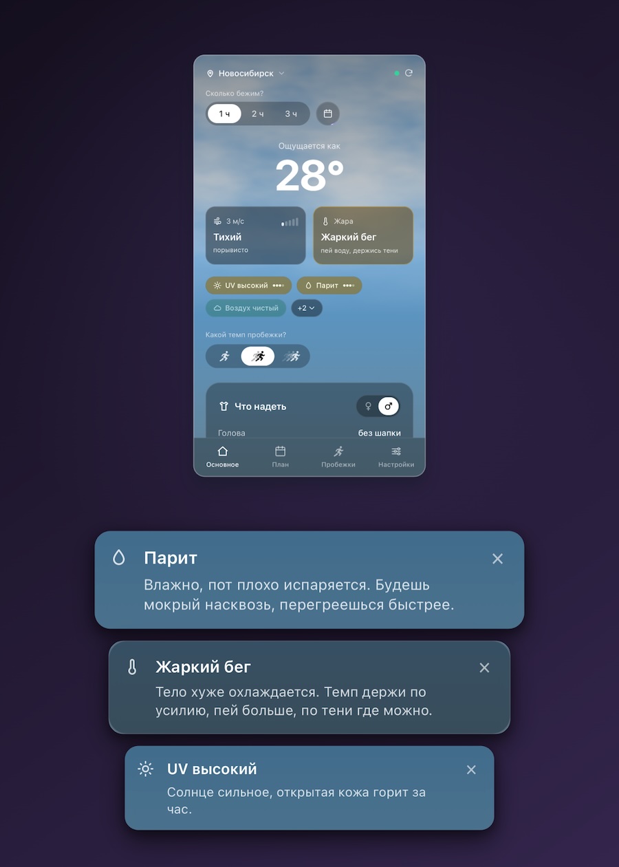 Экран RunOutNow в жару: температура ощущается как 28°, чипы «Жаркий бег», «Парит» и «UV высокий» с пояснениями. Прога показывает, что тело хуже охлаждается, пот плохо испаряется и открытая кожа горит на солнце.