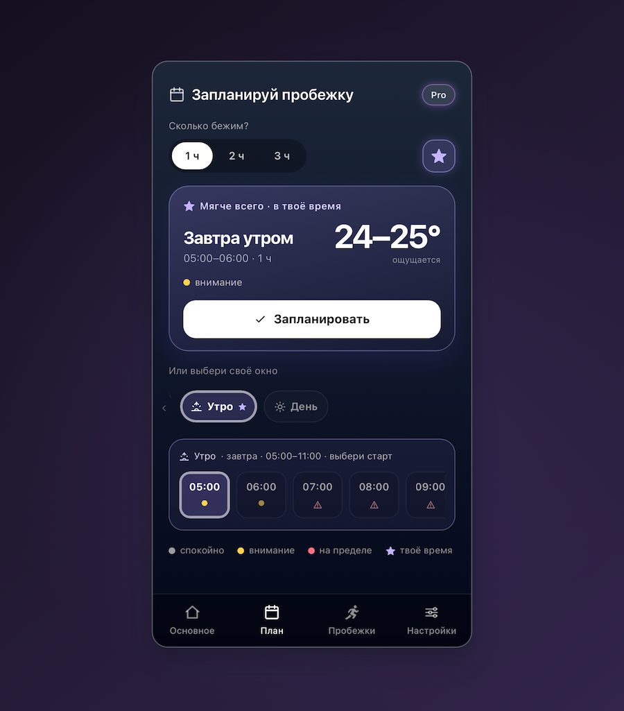 Экран планировщика RunOutNow: карточка «Мягче всего, завтра утром, 05:00-06:00, ощущается 24-25°» и почасовой выбор старта с цветами риска. Прога находит самое мягкое окно для пробежки.