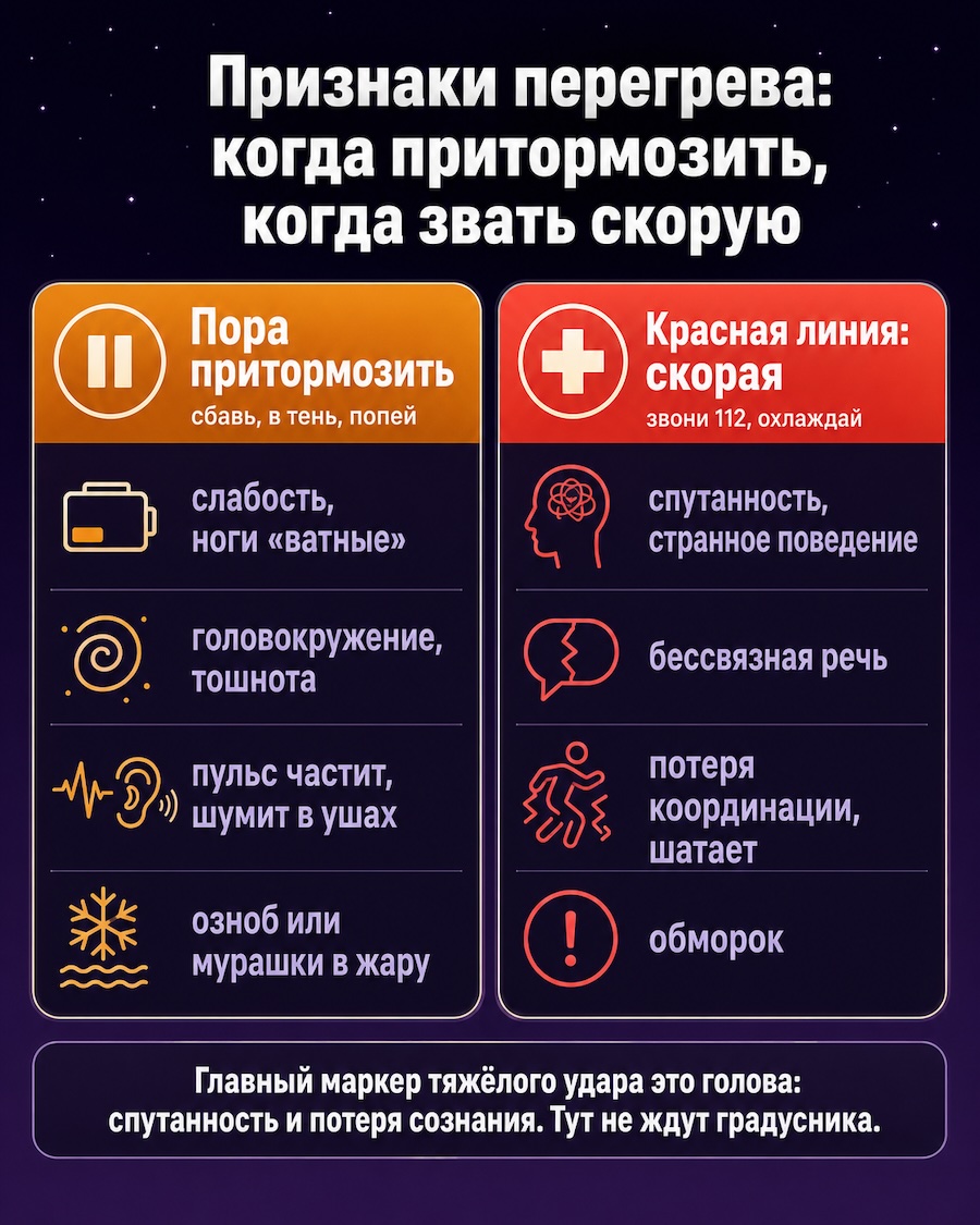 Признаки перегрева на пробежке в две колонки. Слева ранние сигналы (слабость, головокружение, тошнота, частый пульс, озноб): пора притормозить, сбавить и уйти в тень. Справа красная линия (спутанность, бессвязная речь, потеря координации, обморок): нужно вызывать скорую.