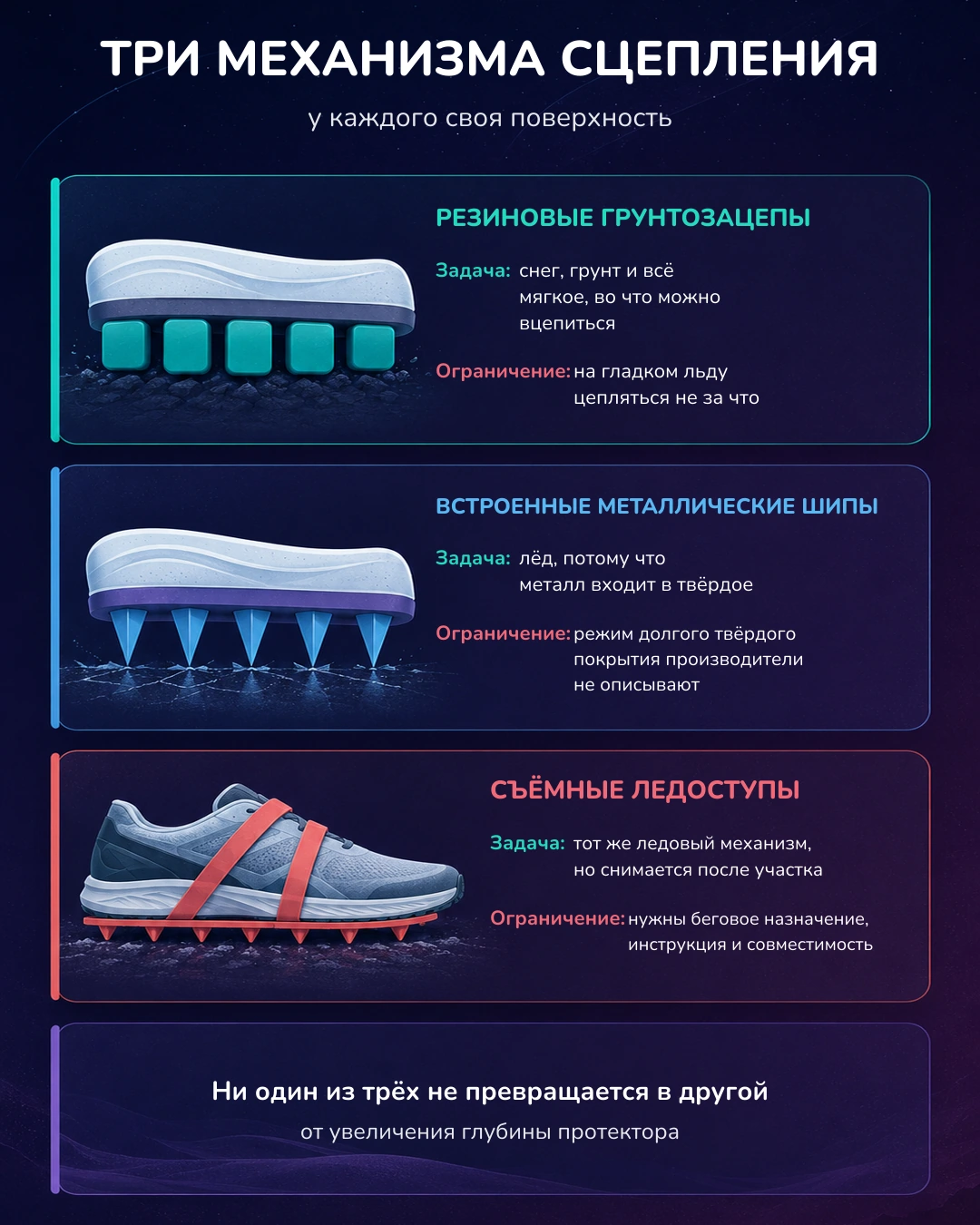 Инфографика: три механизма зимнего сцепления, резиновые грунтозацепы, встроенные металлические шипы и съёмные ледоступы, с задачами и ограничениями