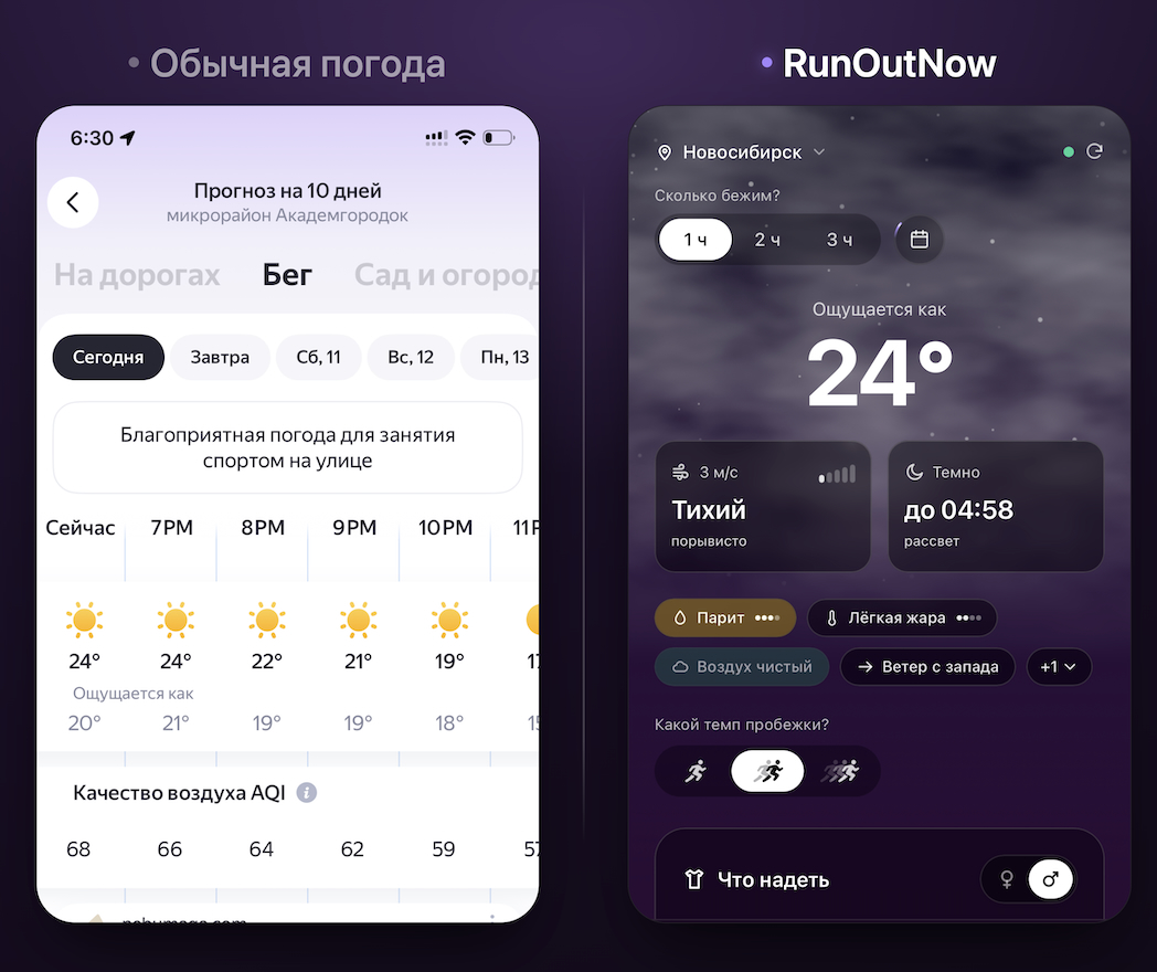 Слева обычное погодное приложение с графиком, справа экран RunOutNow с готовым ответом, во что одеться