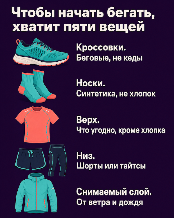 Чек-лист новичка: беговые кроссовки, синтетические носки, верх не из хлопка, шорты или тайтсы и лёгкий снимаемый слой