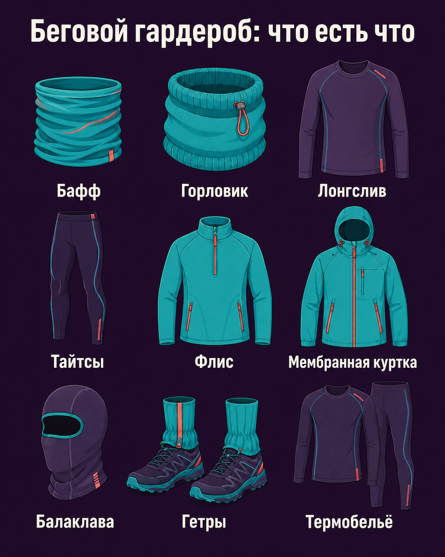 Беговой словарь: бафф и горловик, лонгслив, тайтсы, флис, мембранная куртка, балаклава, гетры, термобельё