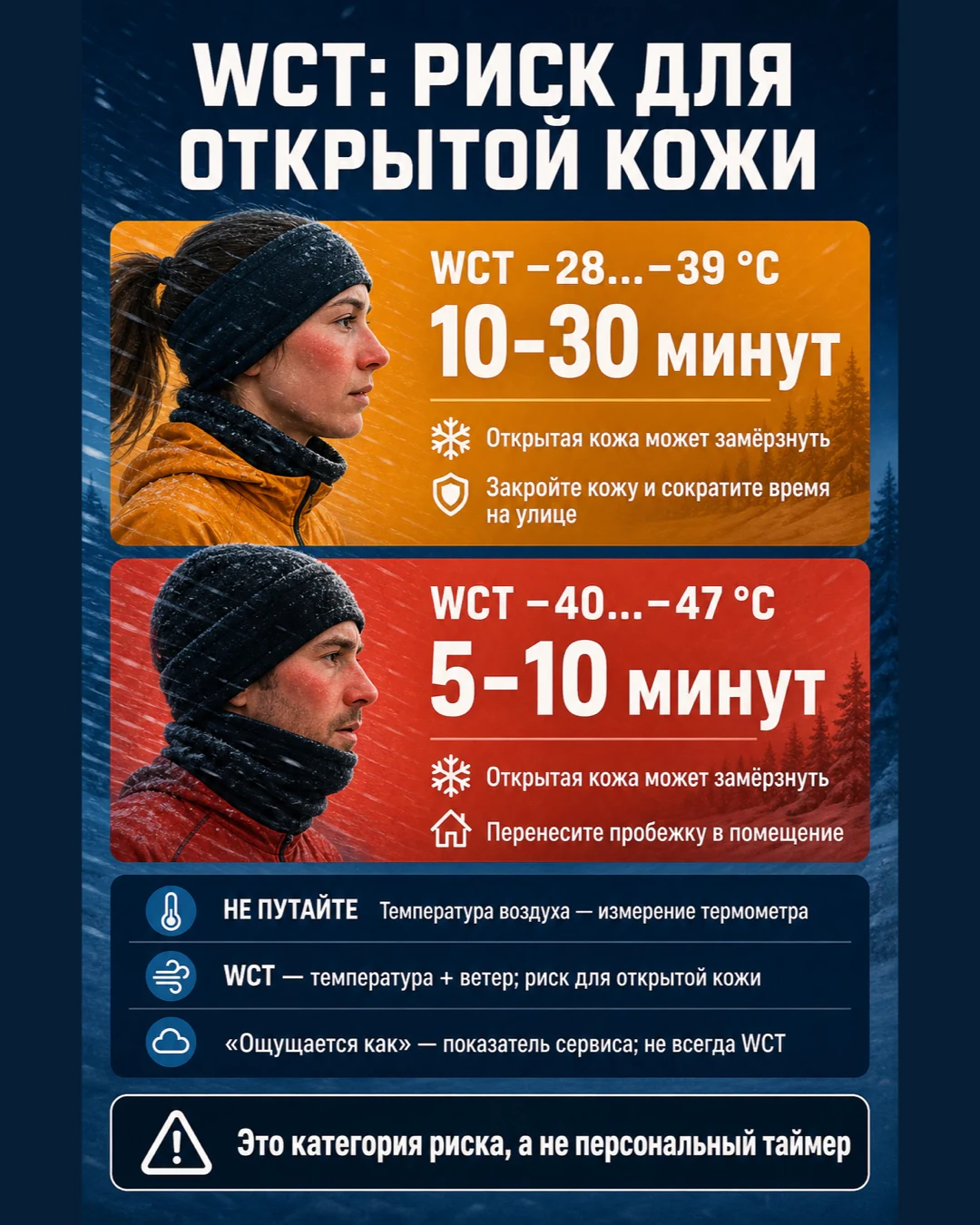 Шкала индекса охлаждения ветром WCT: диапазоны риска для открытой кожи и пояснение, что это категория риска, а не персональный таймер