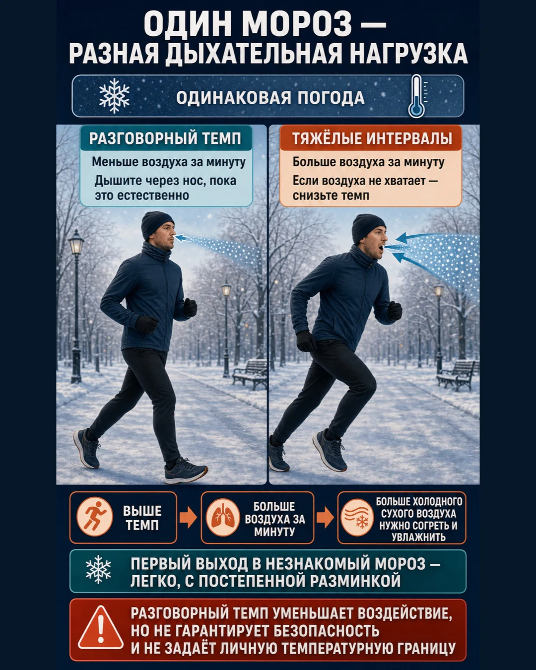 Сравнение дыхательной нагрузки на морозе при разговорном темпе и тяжёлых интервалах: при высоком темпе через дыхательные пути проходит больше холодного сухого воздуха
