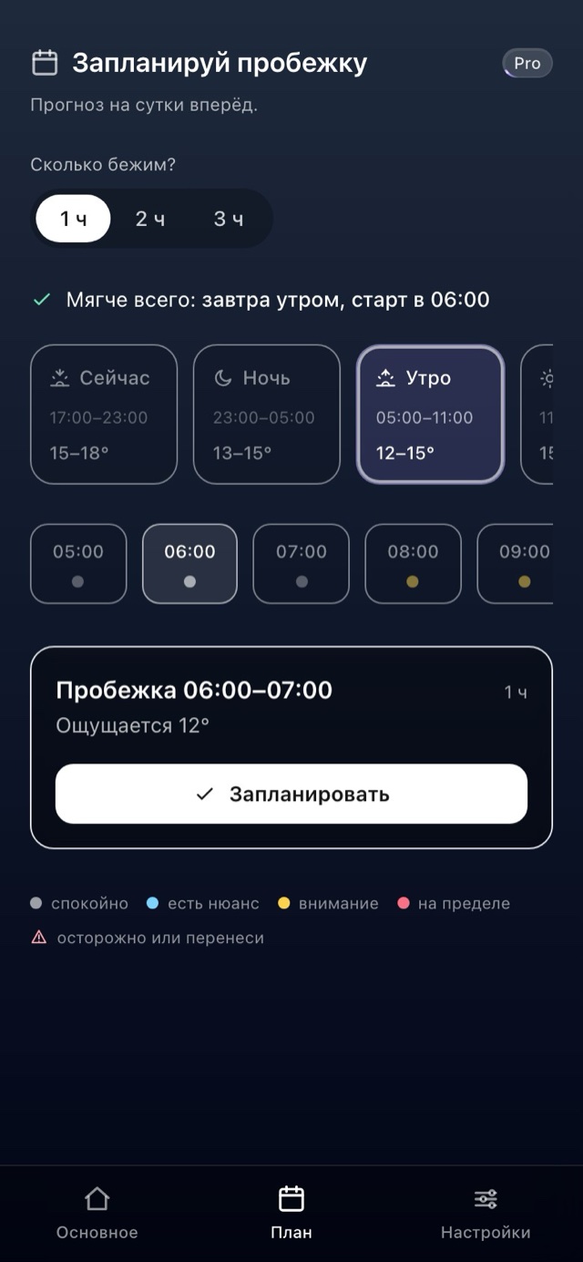 Планировщик RunOutNow: прогноз на сутки вперёд, «мягче всего завтра утром, старт в 06:00», часы по светофору