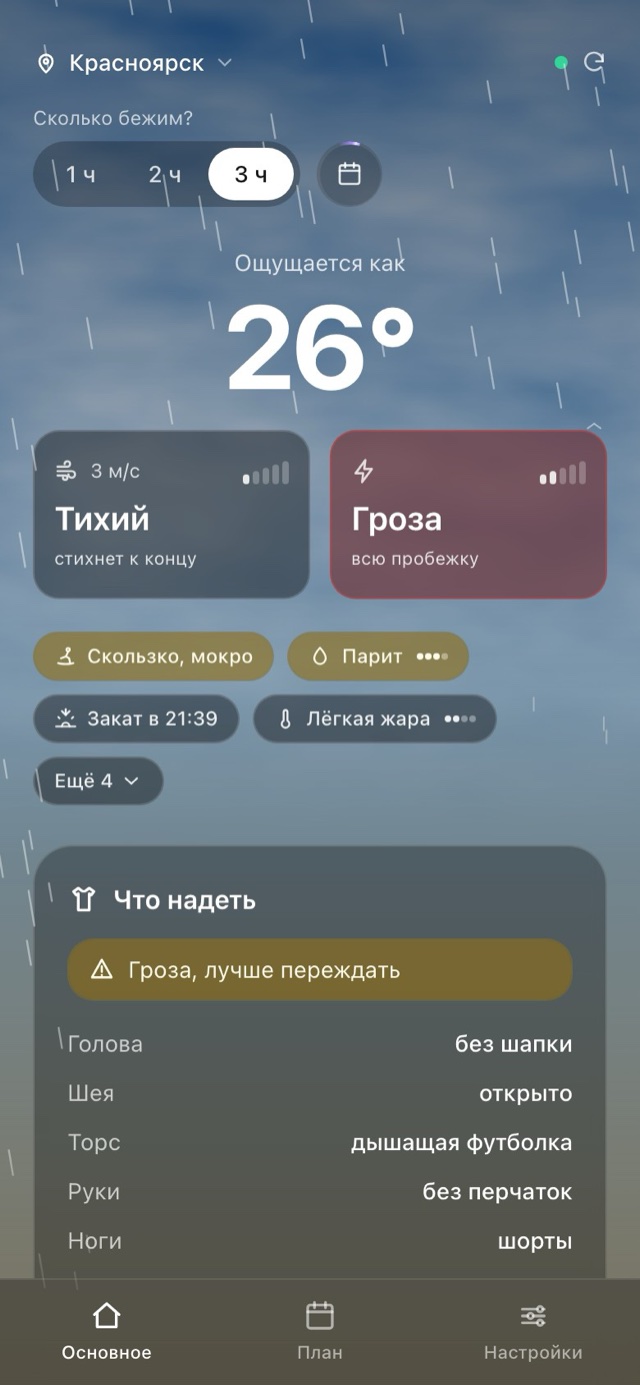 RunOutNow: гроза всю пробежку, ветер стихнет к концу, честно советует переждать